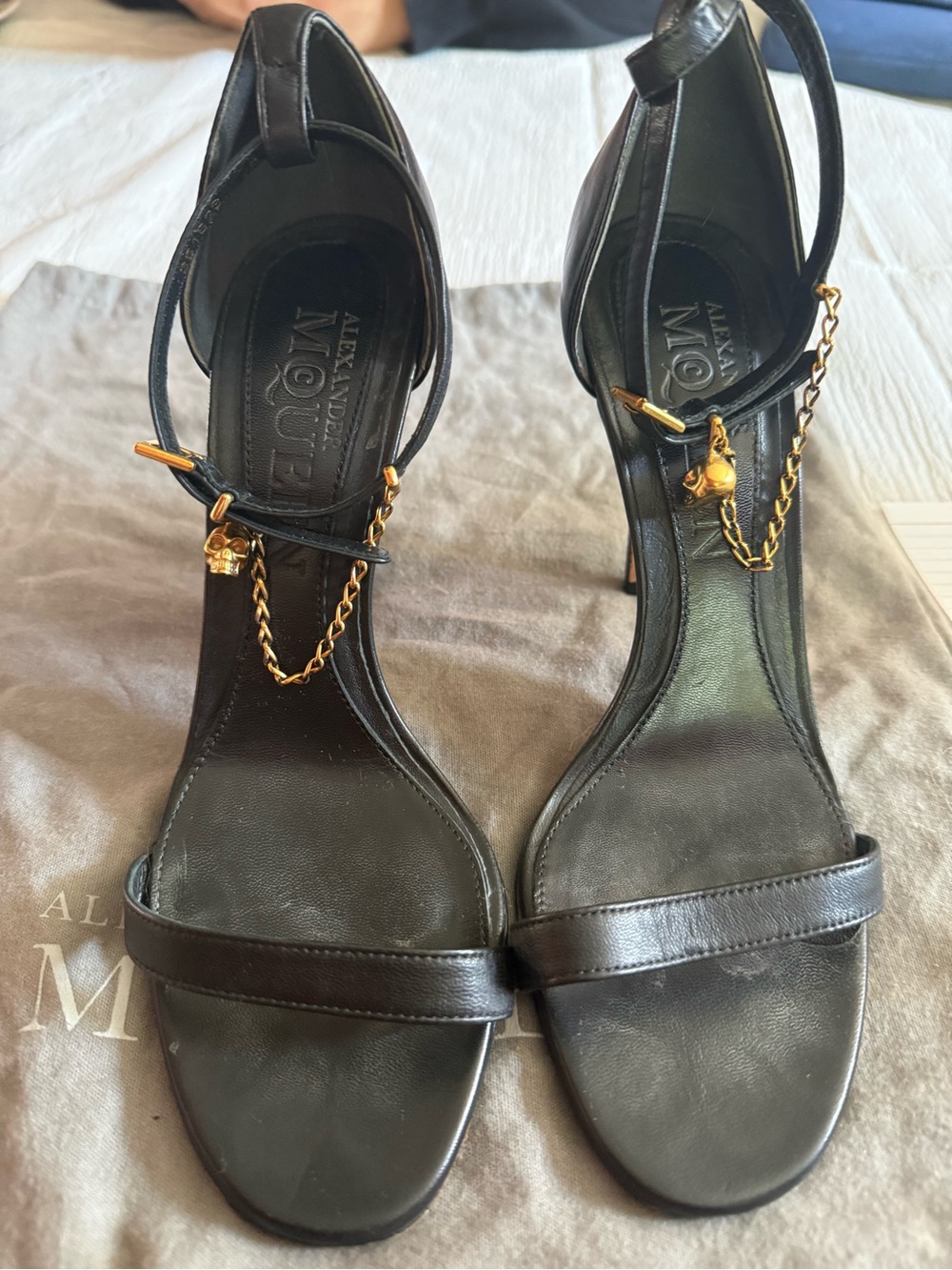 Alexander McQueen Black Leather Ankle-Strap Heels w/ Signature Skull Gold Charm